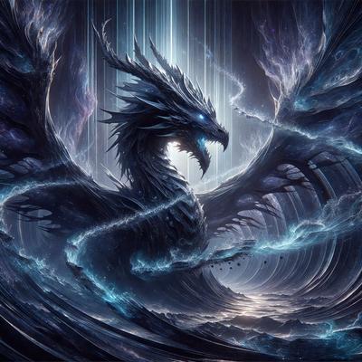 The primary subject of the image is a dragon, which is the main object, scene, or focus of the image. The dragon is depicted in a digital art style, with a blue and purple color scheme that gives it a dark and mysterious atmosphere. The setting or background of the image features a swirling, blue-toned ocean, which adds to the overall visual style and mood of the scene.